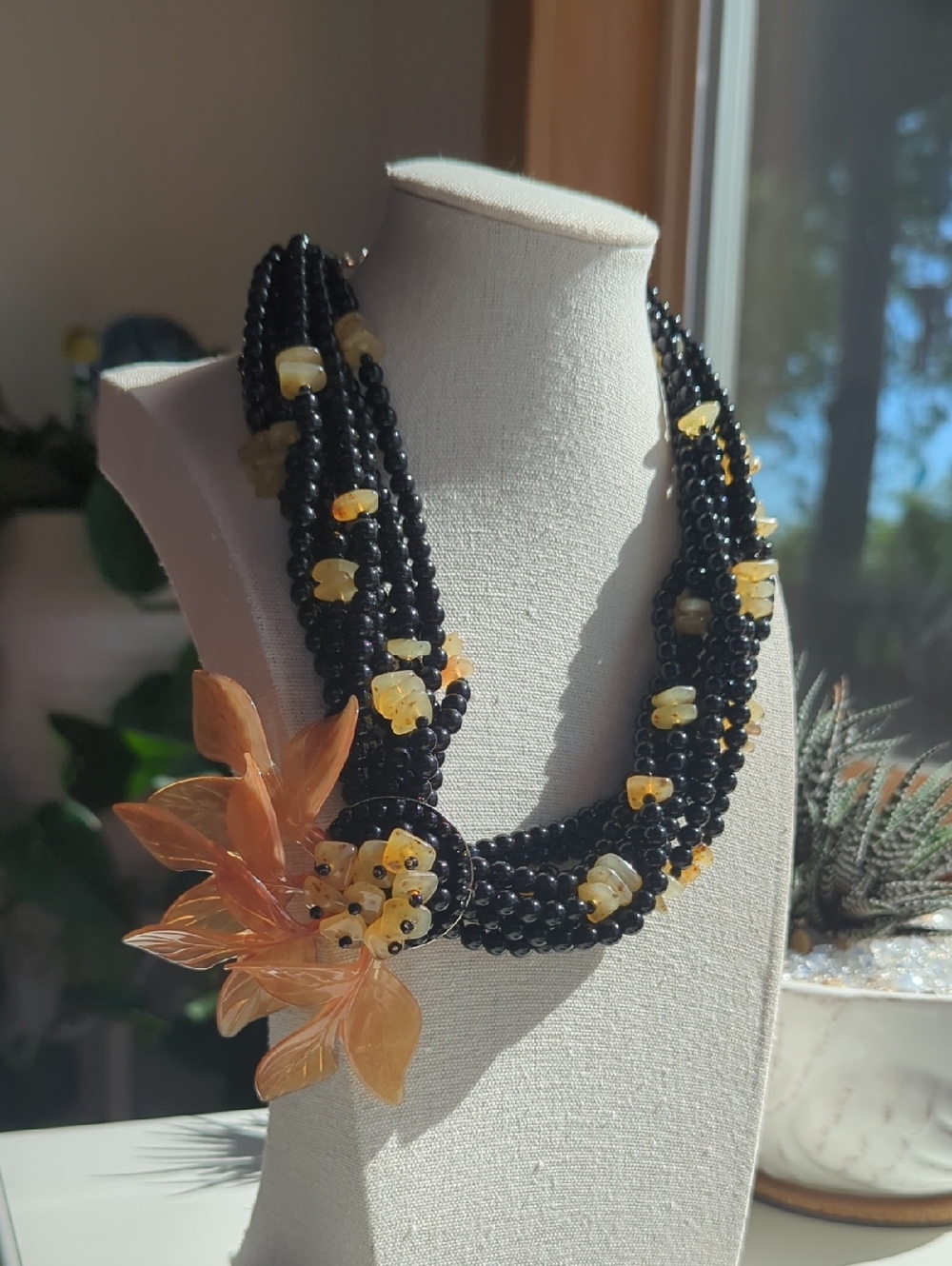 Angela Caputi Black Beaded Necklace with Yellow Floral Accent, 16"